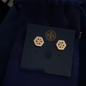 Tory Burch Gold Hexagon Logo Earrings
